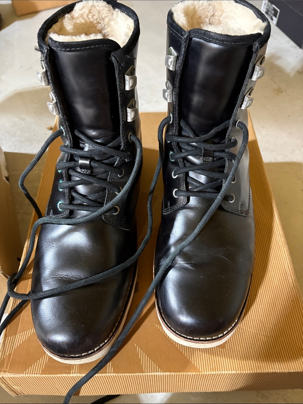 UGG Black Leather Lace-Up Sherpa-Lined Boots